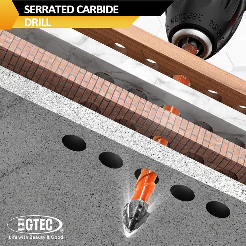 BGTEC Serrated Carbide Masonry Drill Bit Set - 10PCS 3/4/5 * 2/6 * 2/8 * 2/10/12MM Wood Drill Bits with a Quick Release Bit Holder for Wood Plastic Masonry Brick Tile Glass Concrete Marble 3/4/5*2/6*2/8*2/10/12mm 10