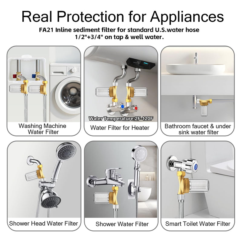 FA21 Brass Water Filter for Shower, Washing Machine Filter, 40-50 Micron, Reusable Sediment Filter, Traps Sand Rust, 1/2" Fittings w/ 3/4" Adapters