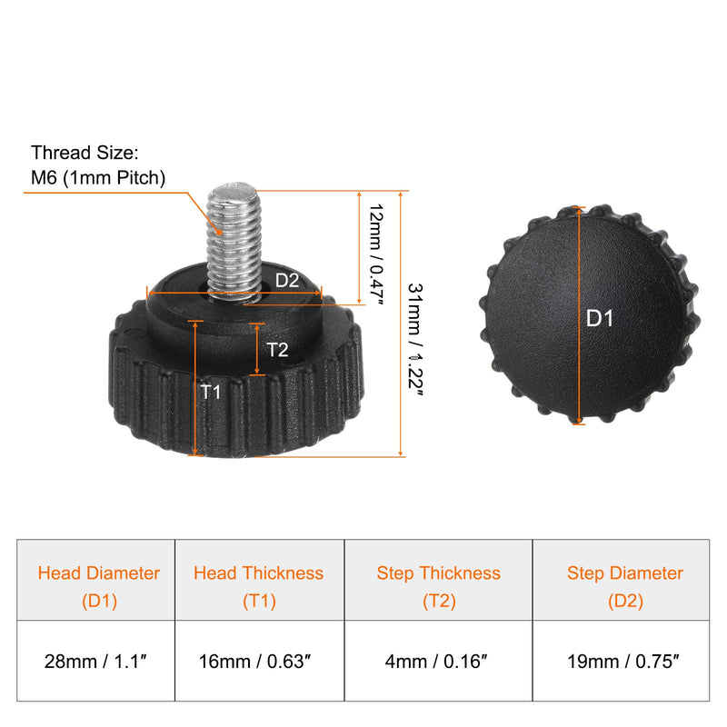 [Australia - AusPower] - HARFINGTON 6pcs Knurled Clamping Knobs Thumb Screws M6 x 12mm Metric Male Thread 28mm Matte Plastic Head 304 Stainless Steel Stud Hand Threaded Knob Thumbscrew Handle, Black 