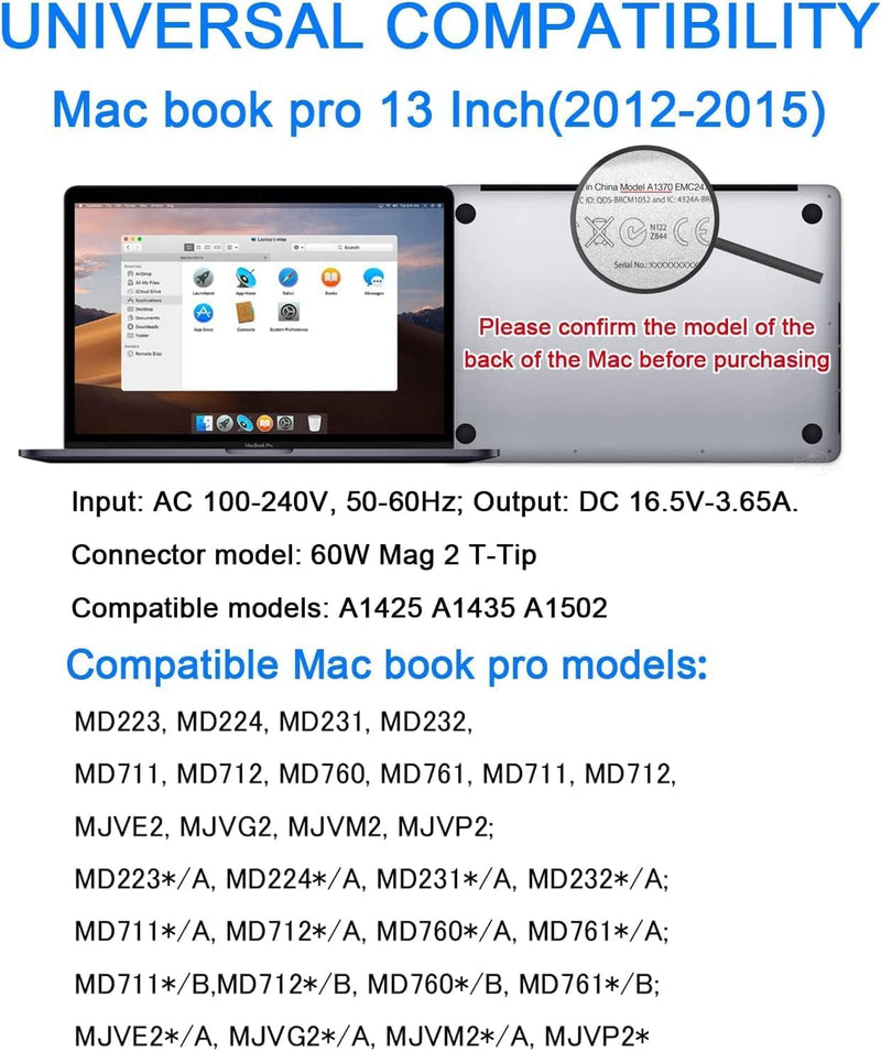 [Australia - AusPower] - Mac Book Pro Charger, Replacement for Mac Book Pro/Mac Book Air 60W AC 2 T Connector Power Adapter,Compatible with Mac Book Pro/Mac Book Air 11 inch and 13 inch（Applicable to Late 2012-2017） 