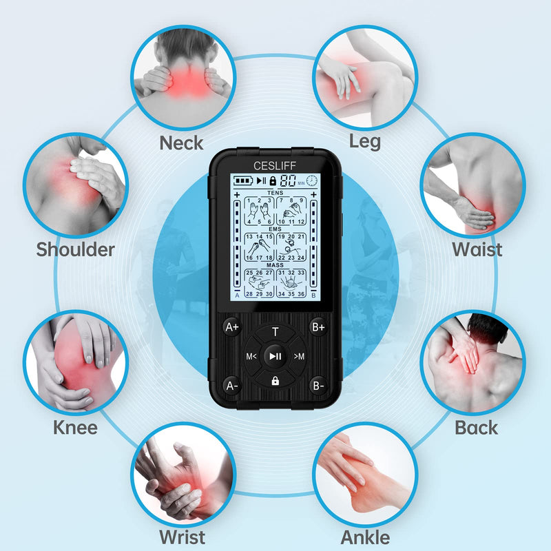 [Australia - AusPower] - CESLIFF Dual Channel TENS EMS Unit 36 Modes Muscle Stimulator, Rechargeable Electric Pulse Massager TENS Machine Function for Lower Back Neck Shoulder Pain Relief with 10 Pads 