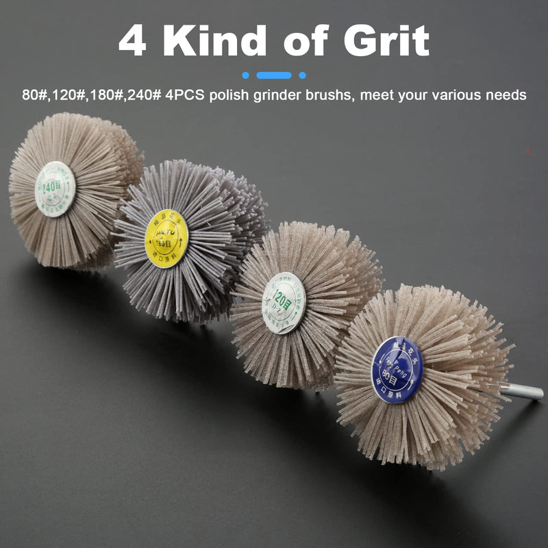 [Australia - AusPower] - Mtsooning 4Pcs 4 Sizes 80# 120# 180# 240# Nylon Wheel Brush, Abrasive Grinding Head with 6mm Threaded Shank Assortment Kit,Sanding Mop Abrasive Wheel for Removing Rust and Painting 
