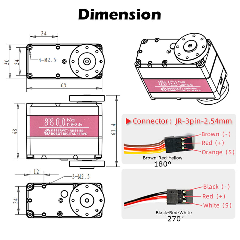RDS5180 80kg Digital Metal Robotic Servo Motor High Torque Double-Shaft Robot Servo Arm Waterproof IP66 with U Metal Brackets for RC Car DIY Robot (180°) 80KG 180°