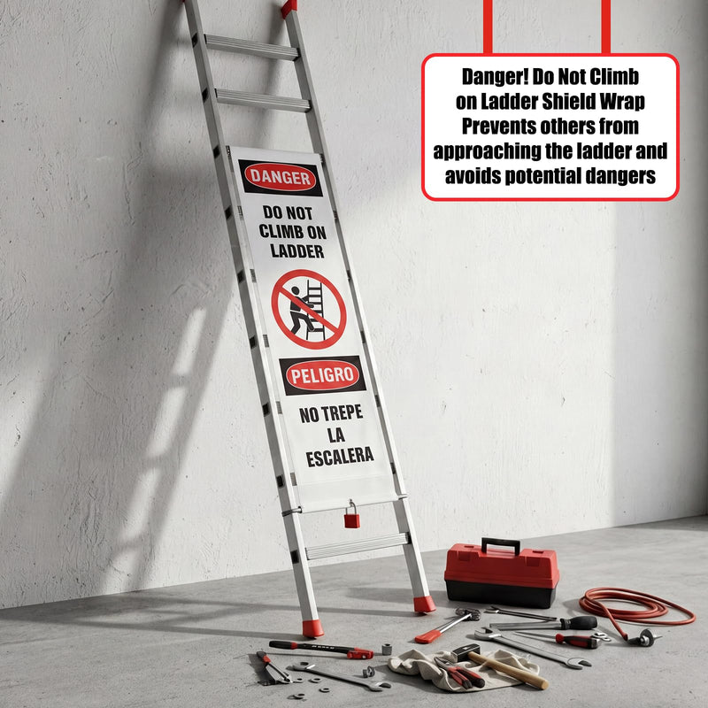 Spanish Bilingual Danger Do Not Climb On Ladder Cover Wrap - 87" Length x 13" Width Vinyl Safety Shield with Lock for Industrial Warehouses, Construction Sites