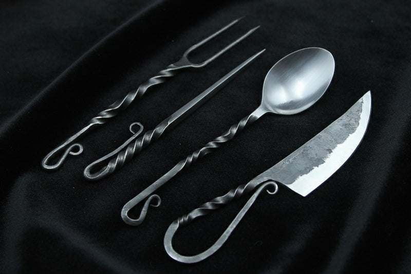 Hand Forged Medieval Cutlery Set - Viking Silverware Set with Leather Cover