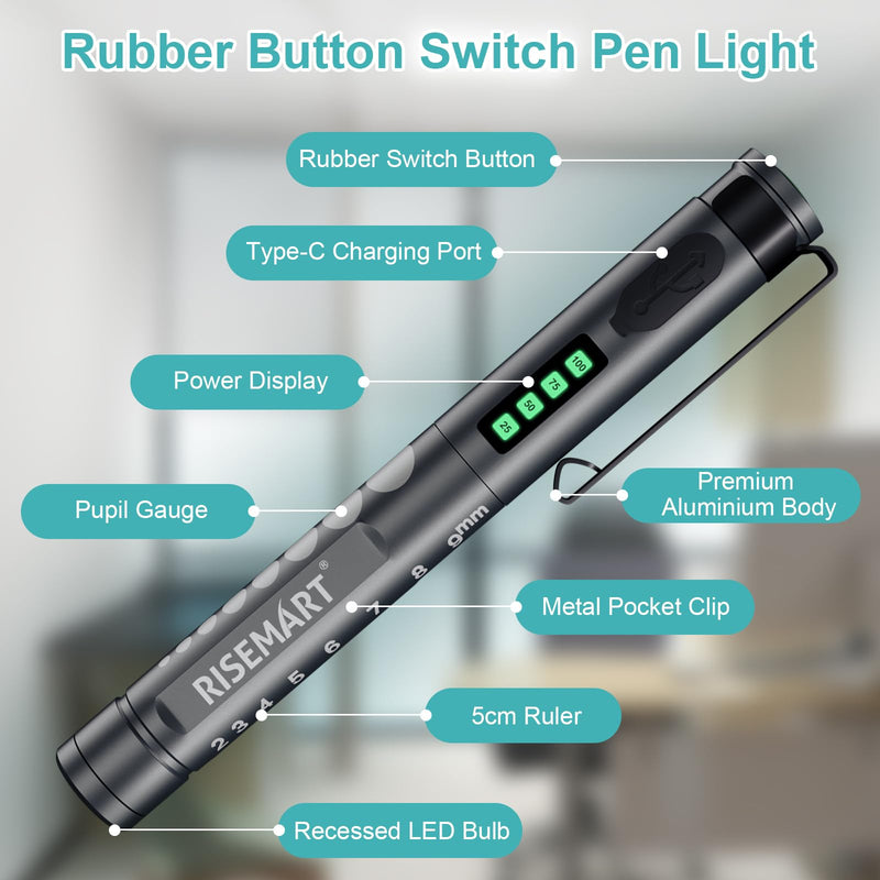 [Australia - AusPower] - RISEMART Medical Diagnostic Light, Rechargeable LED Pupil Light with Battery Display, Warm/Cool White & Continuous Dimming, Portable Aluminium Medical Digital Penlight black 