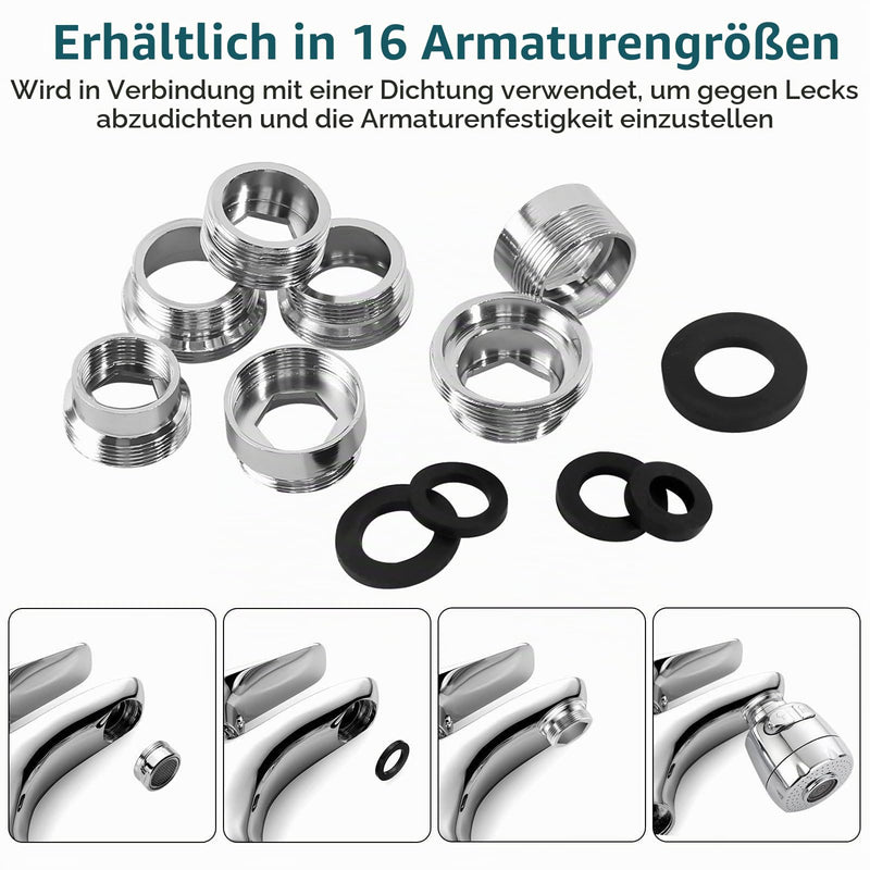 Tap Thread Adapter Set, 16 Pieces, Brass Adapter for Male Thread, 16-28 mm OD to 22 mm OD, G1/2 to G3/4 Connections