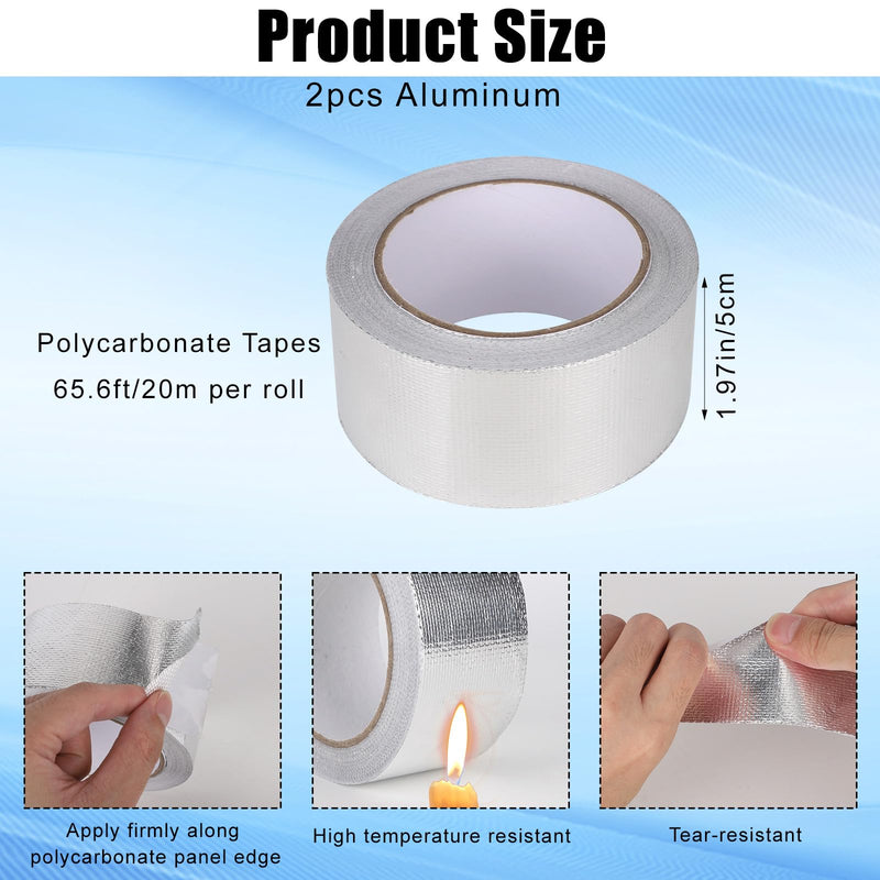 2pcs Heavy Duty Aluminum Polycarbonate Tape, 20m/65.6ft Per Roll 5cm/1.97in Wide Waterproof Self-Adhesive Sealing Insulation Duct Foil Vent Tape for Greenhouse Roof Outdoor Green House Panels Repairs