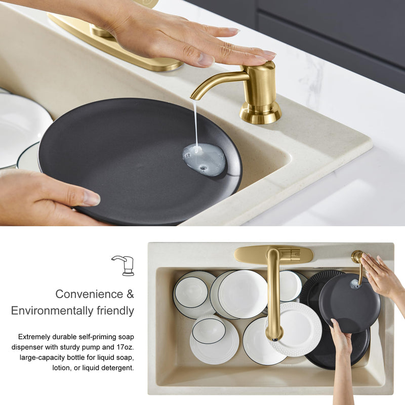 GAGALIFE Built in Sink Soap Dispenser or Lotion Dispenser for Kitchen Sink, Brushed Gold ABS Pump Head, with 17 Ounce Large PET Soap Bottle Gold Brushed