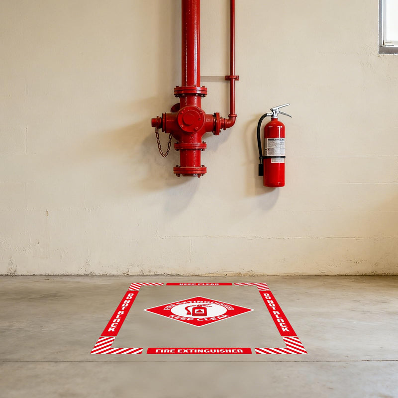2 Pack Fire Extinguisher Signs Self Adhesive Keep Clear Do Not Block Floor Sign with Strips Waterproof Vinyl Fire Extinguisher Floor Marking Kits for Business Warehouse Office Red