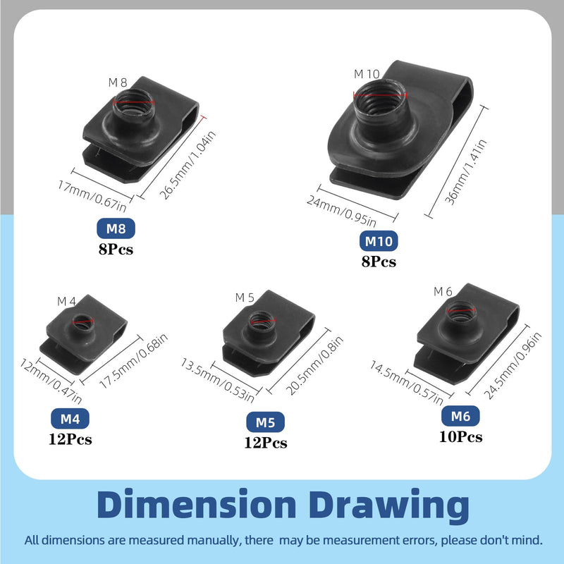 [Australia - AusPower] - Glarks 50pcs M4 M5 M6 M8 M10 U-Style Clip-On Nuts Set, Black Carbon Steel Thread Clip Nut, U Nuts Clamp Set, U-Shaped Nut, Automotive U-Clips for Engine, Fender, Bumper, Dash, Interior Trim Panels 