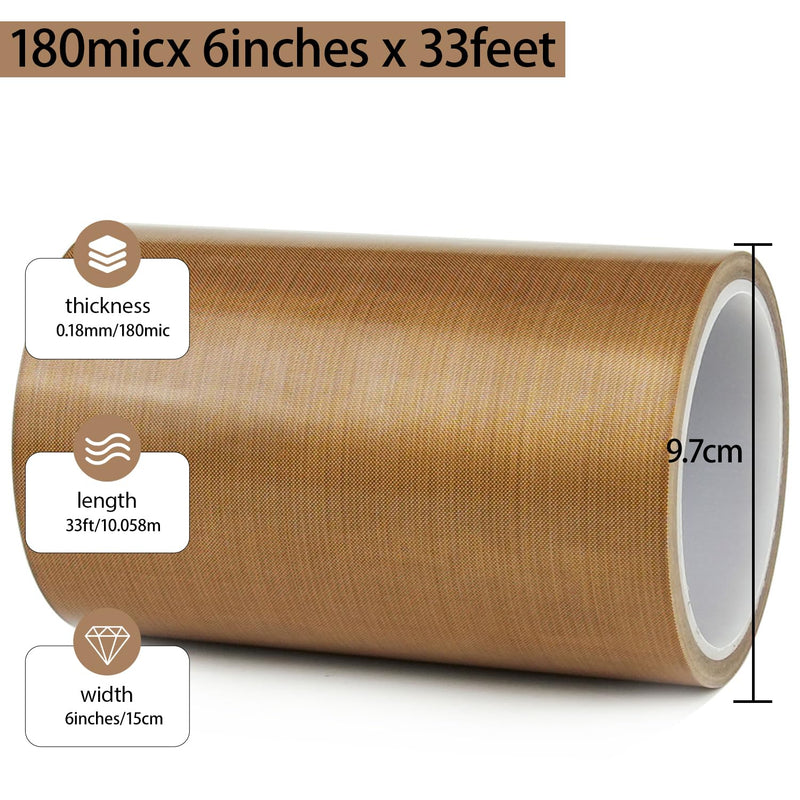 Teflon Glass Cloth Tape,6''x 33ft x 0.18mm,PTFE Coated Fiberglass Tape,High Temperature PTFE Tape for Vacuum Sealer Machine,Hand Impulse Sealers Insulation,Food Packaging Machine,Low Friction Tape 6inx33ft