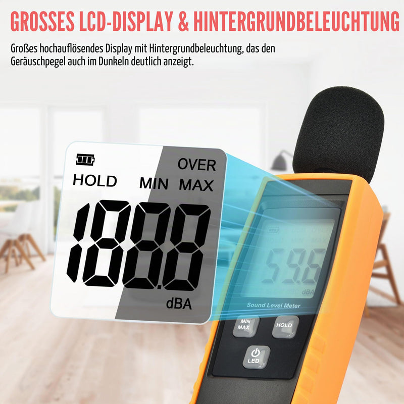 Handheld Sound Level Meter 30~130dB Decibel Noise Meter with Backlight Digital LCD Display for Indoor Outdoor Max/Min/Hold Function Black & Yellow