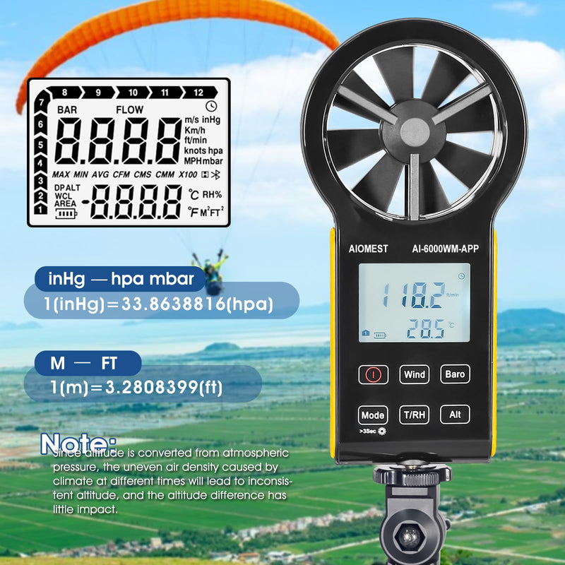 AIOMEST 6000WM-APP Digital Anemometer Handheld Wind Meter Wind Meter CFM Wind Speed Meter with MAX/MIN/AVG for Wind Speed Temperature Wind Chill Tester, HVAC