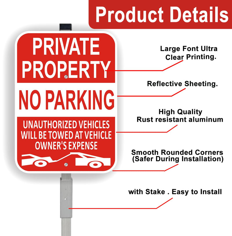 (2 Pack) Large Private Property No Parking Sign with Stake 36" Tall | 14" x 10" Vehicle Towed At Owner's Expense Sign, Reflective Rust Free Aluminum, UV Protected, Fade Resistance, Easy to install 2Pack 36x10 with Stake