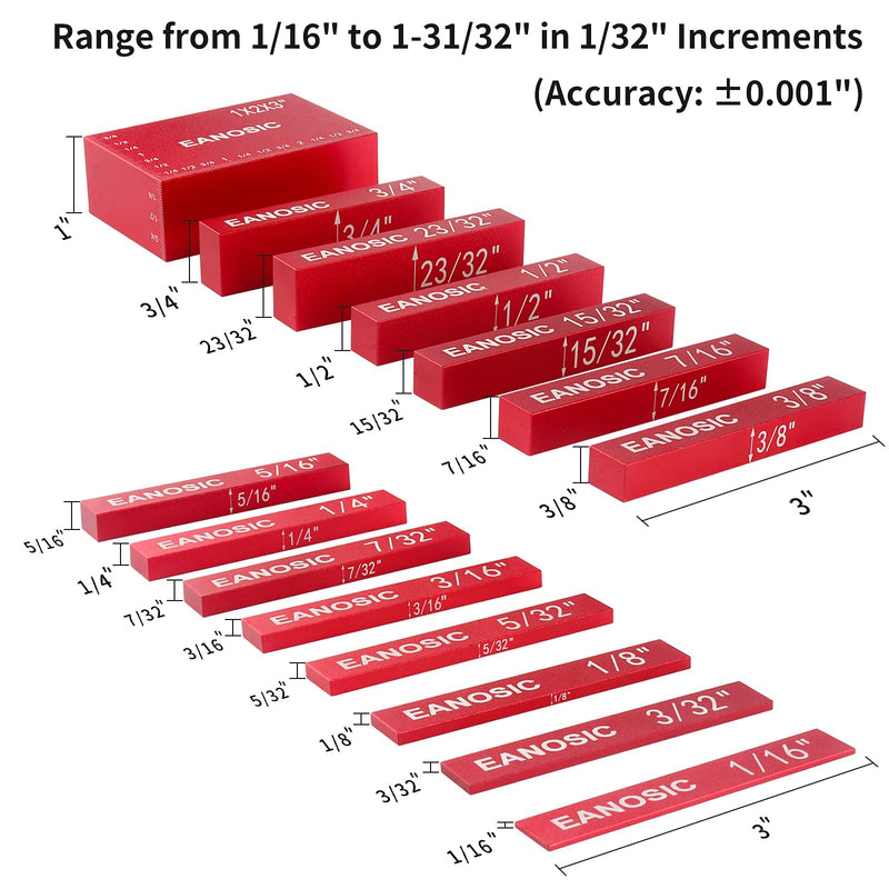 EANOSIC Setup Blocks Height Gauge Set, 15pcs Precision Aluminum Setup Bars for Router and Table Saw Accessories Woodworking Set Up, Bars Include Laser Engraved Size Markings 15 Pcs-INCH