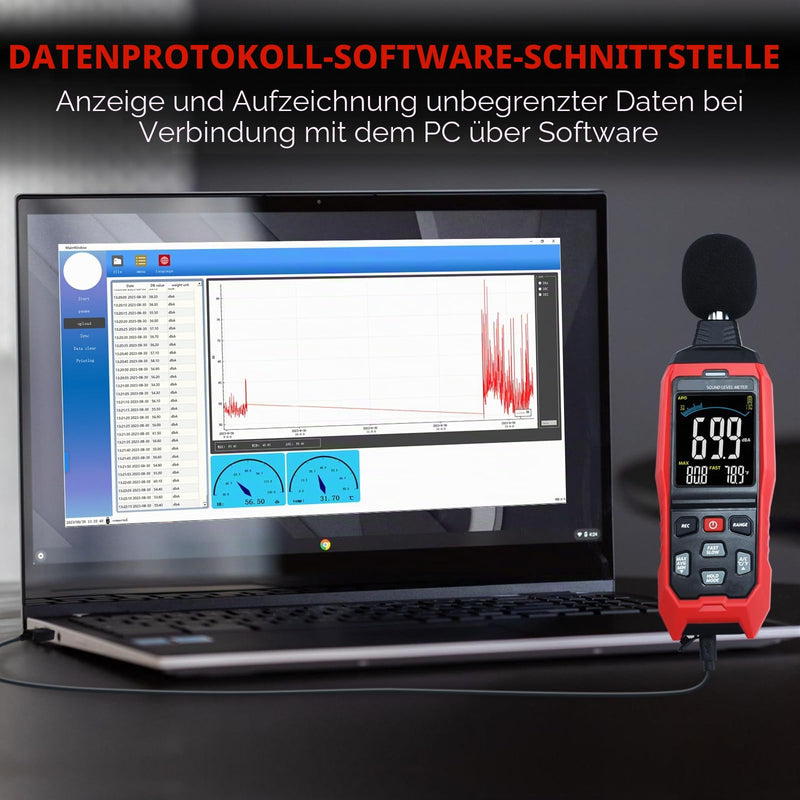 Decibel Meter with Data Logging Sound Decibel Meter Data Logger 30~130dB Sound Level Meter with Acoustic Visual Alarm, Sound Meter with Export Data, PC Connection