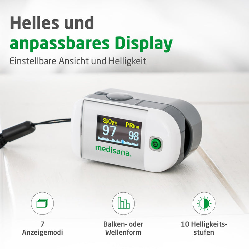 Medisana PM 100 Pulse Oximeter, Finger Oximeter for Measuring Pulse & SpO2 | Heart rate monitor for measuring oxygen saturation in the blood, with OLED display and one-touch operation White Single