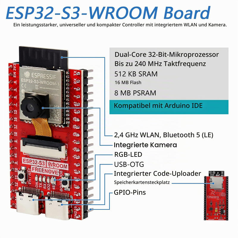 Freenove ESP32 ESP32-S3 Camera Board Kit (16 MB Flash) with 1GB Card | Dual-Core 32-bit 240MHz Microcontroller, USB OTG Camera WiFi+BT, Python C Code, Sample Projects Tutorial Green