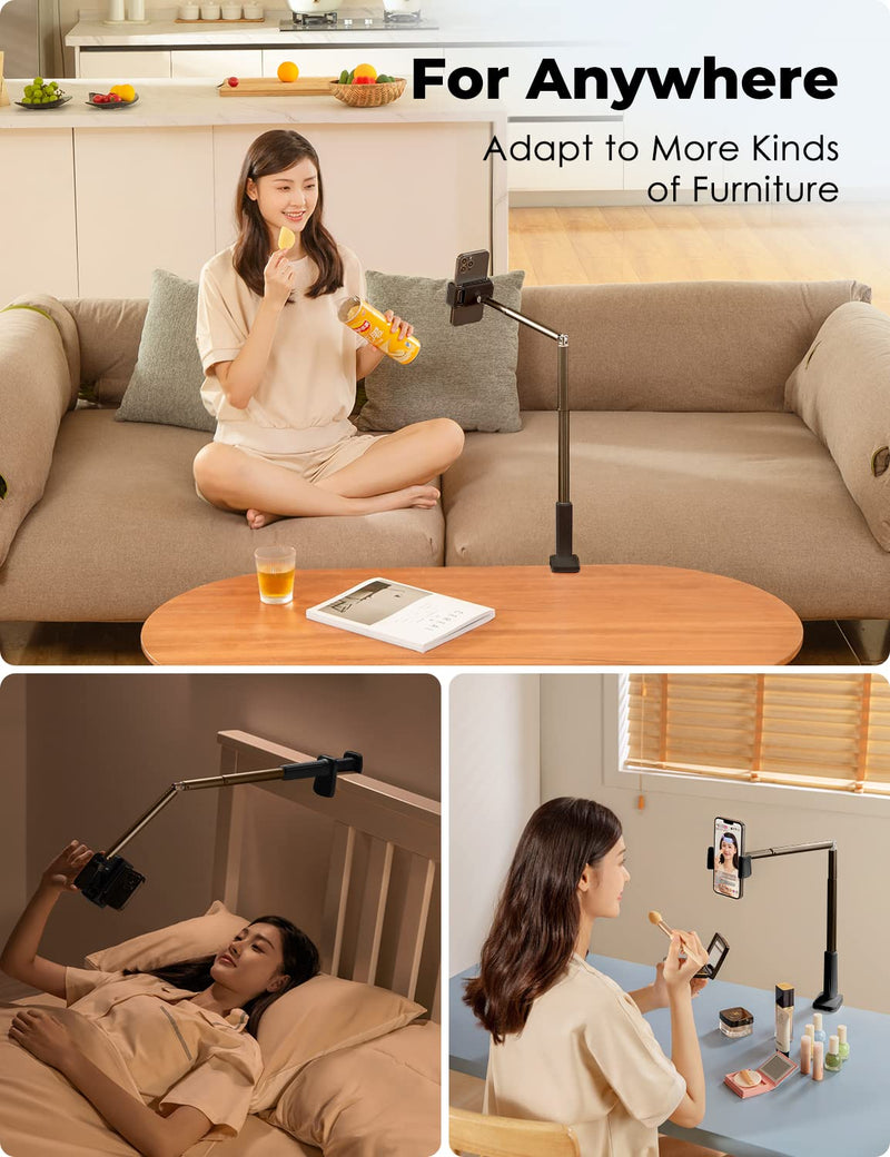 [Australia - AusPower] - Viozon Phone Holder, Flexible Long Arm,Overhead Mount,360° Angle Adjustable,Aluminum Alloy, C Clamp for Headboard Bedside&Table&Desk,Compatible with 3.5"-6.9" Phone,iPhone 16 15Plus / Pro Max Black 