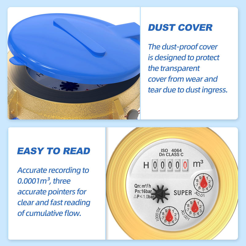 [Australia - AusPower] - MEANLIN MEASURE 1/2" NPT Couplings Water Meter Cold Water Meter for Garden or Home, Measuring in Cubic Meter 