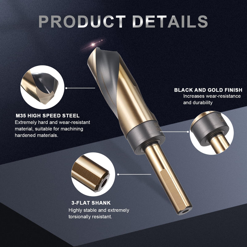 uxcell 1-1/16" Drill Bit 1/2" Reduced Shank 3-Flat M35 5% Cobalt High-Speed Steel Twist Black and Gold Finish 135° Bits for Hard Metal Stainless Steel,1pcs 1-1/16 in 1/2" Shank