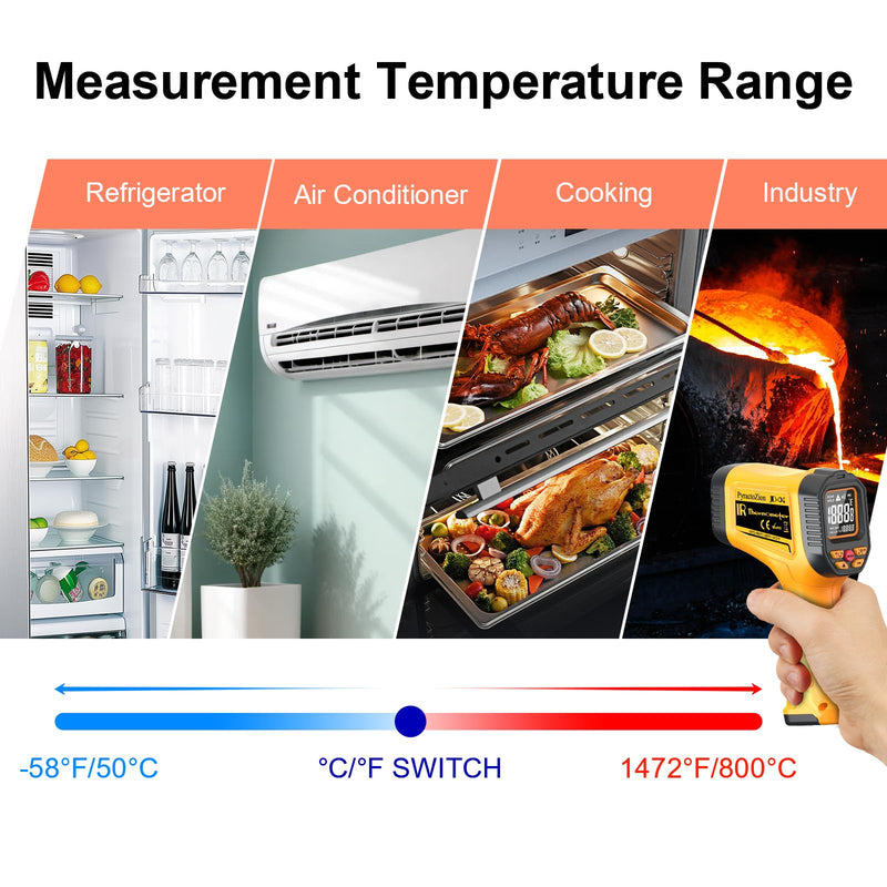 [Australia - AusPower] - Infrared Thermometer Gun -58°F to 1472°F with Backlit Display, Laser Thermometer Temperature Gun with Adjustable Emissivity & Max and Min Measure, Dual Laser Targeting Temp Gun for Cooking, Griddle 