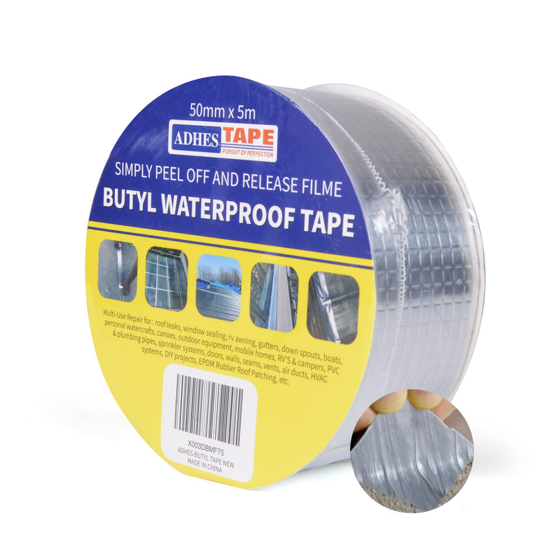ADHES Butyl Tape Waterproof Tape, 2in x 16ft Aluminum Foil Tape, Butyl Sealant Tape for RV Repair, Window, Boat and Pipe Sealing, Glass & EDPM Rubber Roof Patching(Model:RAY100-2,Glue Color:Grey) 2 inches x 16 feet Grey 1