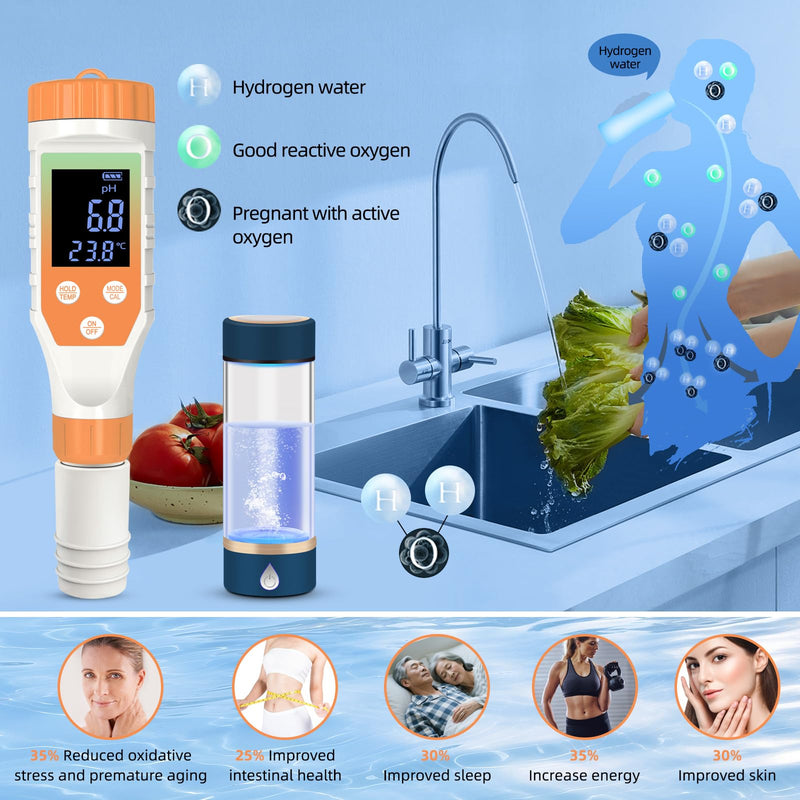 [Australia - AusPower] - 7-in-1 Hydrogen Water Tester, Digital pH TDS EC ORP Salt Temp Meter for Drinking Water, Filtered Water, Juice, Coffee, Hydrogen-Rich Water Bottle Tester 