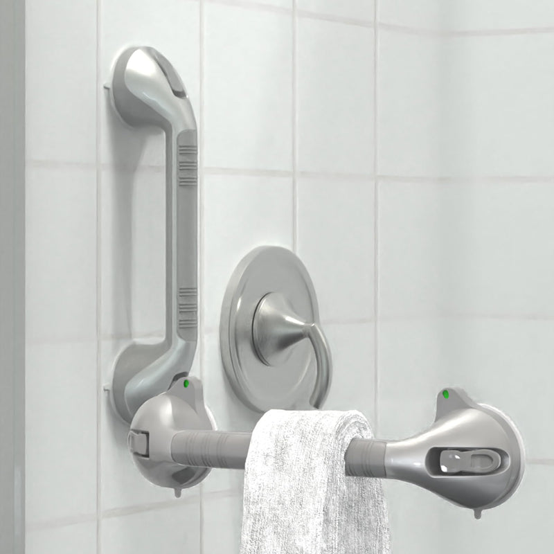 17“ Suction Shower Grab Bar with Indicators, Tool-Free Installation, Steady Handle for Balance Assist for Bathtub, Toilet, Bathroom, Dual Tone, Silver/Gray 2-Pack 17in, Pack of 2 Gray