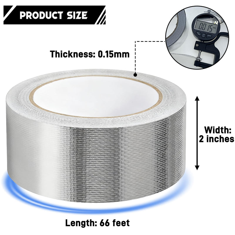 2" x 66 Ft Aluminum Foil Tape, 5.91 mil - Heavy Duty Heat Shield & Thermal Insulation Fiberglass Tape for HVAC Ductwork, Metal Ducts, Dryer Vents, AC Pipes, Exhaust Repair