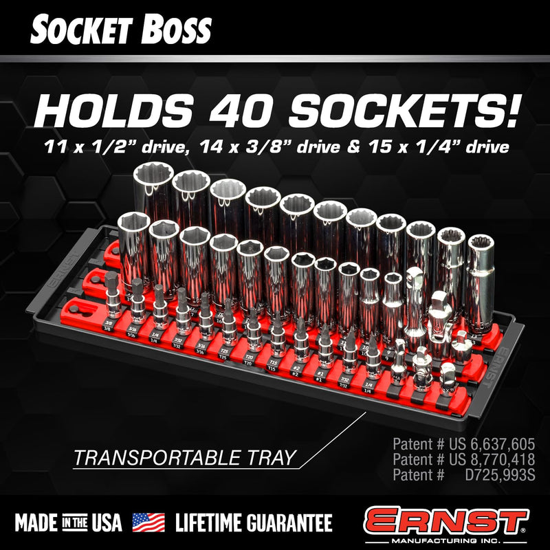 Ernst Manufacturing 8491 Socket Boss Multi-Drive Socket Organizer Tray with 13” Socket Rails, Blue – Drive Socket Storage Tray for Automotive Service Technician’s Toolbox - Made in USA 13-Inch