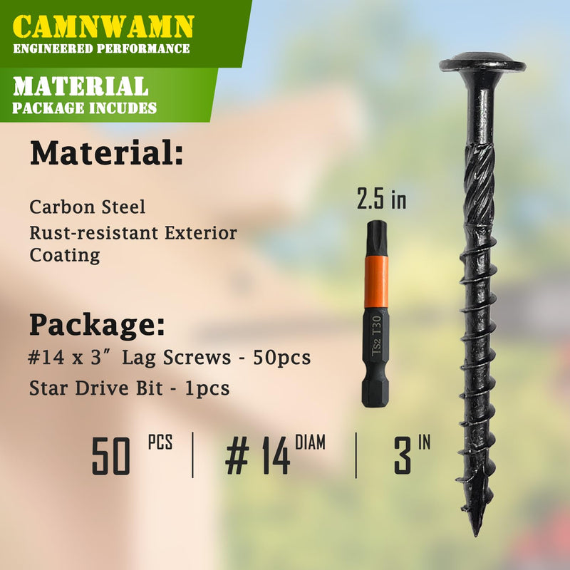 [Australia - AusPower] - [Pack of 50] #14 x 3 Wood Structural Lag Screws, Black Coated Torx/Star Drive Heavy Duty Construction Wood Screw, Modified Truss Washer Head, Star Drive Bit Included. #14 x 3" 