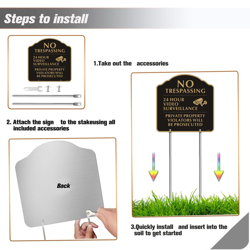 No Trespassing Signs with 12" Stake,Yuntarda 12”x12”(2-Pack) Private Property Video Surveillance Signs Aluminum Metal Sign UV Print Weather Resistant for House or Home Black-Video Surveillance with 12" Stake-2pcs