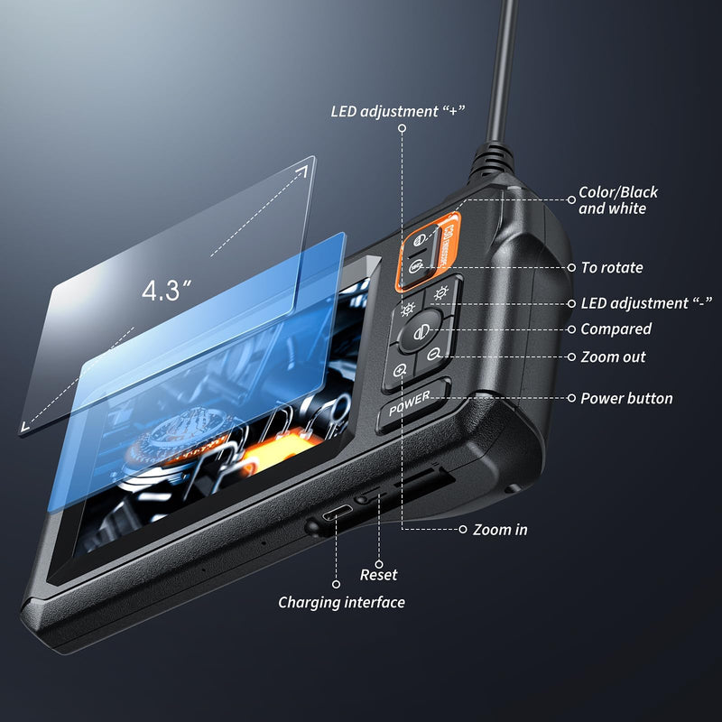 [Australia - AusPower] - Endoscope Camera with Light - Inspection Borescope Camera with 4.3" IPS Screen, 1920P HD Snake Camera with 8 LED Lights, 16.4FT Semi-Rigid Cord Bore Scope, IP67 Waterproof Endoscope for Sewer(Orange) Orange 