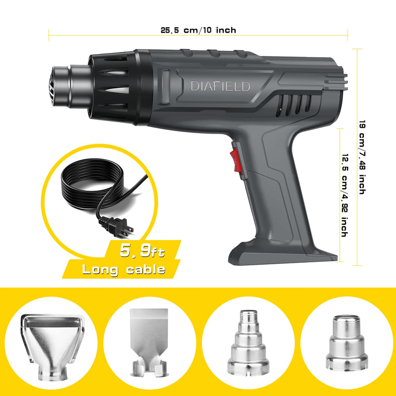 DIAFIELD 1850W Heat Gun, Dual Temperature Settings, Fast Heat Hot Air Gun, Durable& Overload Protection, with 4 Nozzles for Shrink Wrap, Vinyl, Crafts, Epoxy Resin Normal Size