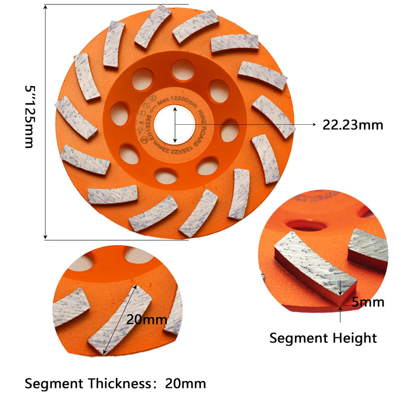 5 Inch Diamond Grinding Cup Wheel, 14 Turbo Segments, Wave Type, Heavy-Duty Concrete Grinder Wheel for Masonry, Stone, Granite, Marble, Angle Grinders 5"-Turbo