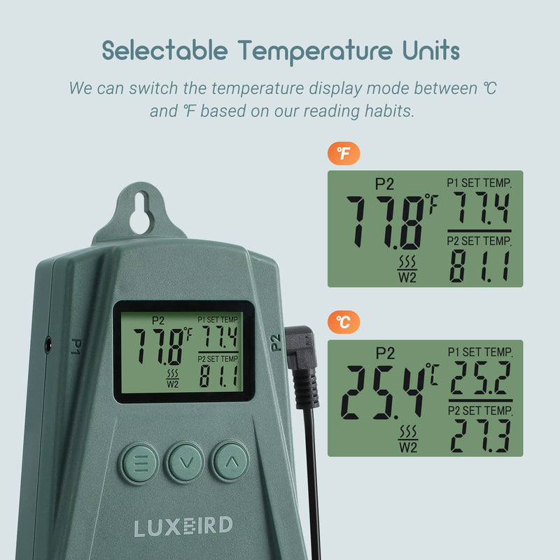 [Australia - AusPower] - LUXBIRD LB-2SC Digital Heating Mat Thermostat Controller with 2 Probes and 2 Outlets for Seedlings, Germination, Reptiles, Brewing, Breeding, Incubation, Greenhouse (Max 250W per Outlet) 