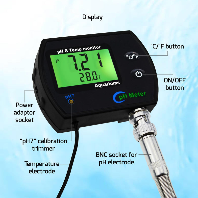 2 in 1 pH & Temperature Monitor, pH Meter with Backlight Function, Dual Display 0.00~14.00pH °C/ °F Water Quality Tester pH Monitor for Water, Fish Tank, Aquarium, Hydroponics, Pools pH/Temp Meter
