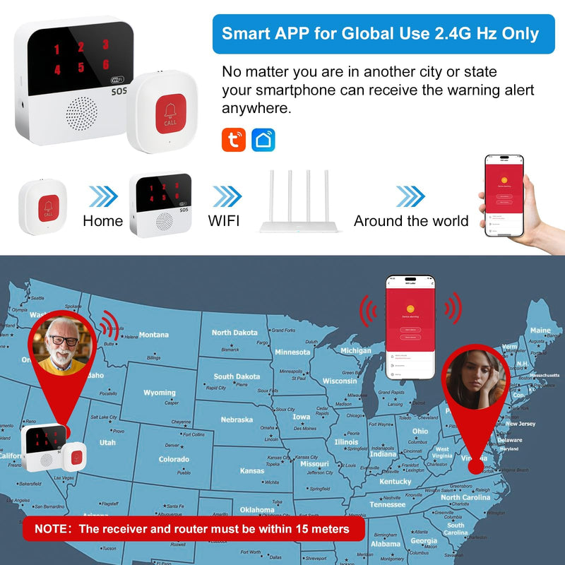 Life Alert Systems for Seniors No Monthly Fee, App-Controlled Caregiver Pager, 1–6 LED Number Reminder Function 1Waterproof Wrist Remote 2Call Button 1Receiver(Only Supports 2.4GHz Wi-Fi) 2 neckband remotes + 1 wristband+ 1 receiver