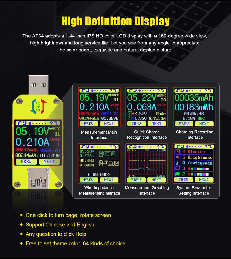 [Australia - AusPower] - RD UM34C 4A USB3.0 USB Meter Tester Voltage Current Power Charger Voltmeter Ammeter Multimeter Tester Measure Cable Resistance(UM34C) 