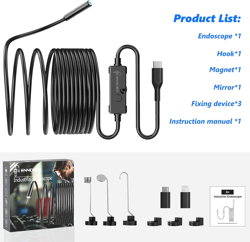 [Australia - AusPower] - 1920P HD 16.4ft Endoscope Camera with 8 LED Lights, iOS & Android Interface for Phones & Tablets, IP67 Waterproof Borescope, 7.9mm Semi-Rigid Inspection Camera for Drain Pipes, Car Engines, Walls 