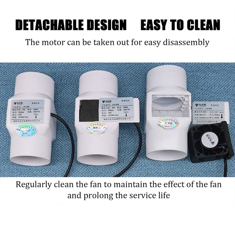Inline Duct Fan 2 Inch 50mm Ventilation Exhaust Booster 62 CFM Quiet Fan Filter Duct Kit 6W 12V Intake Fume Extractor Blower for Attic Kitchen Grow Tent (2 inch/50mm, Not Adjustable Speed) 2 inch/50mm