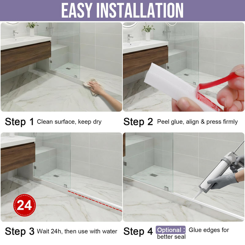 Shower Threshold Water Dam Barrier - Versatile, Silicone Shower Water Guard Stopper Seal Strip for Bathroom Floor, Bathtub Rim, Kitchen Countertop (White, 138 In/ 3.5M) White