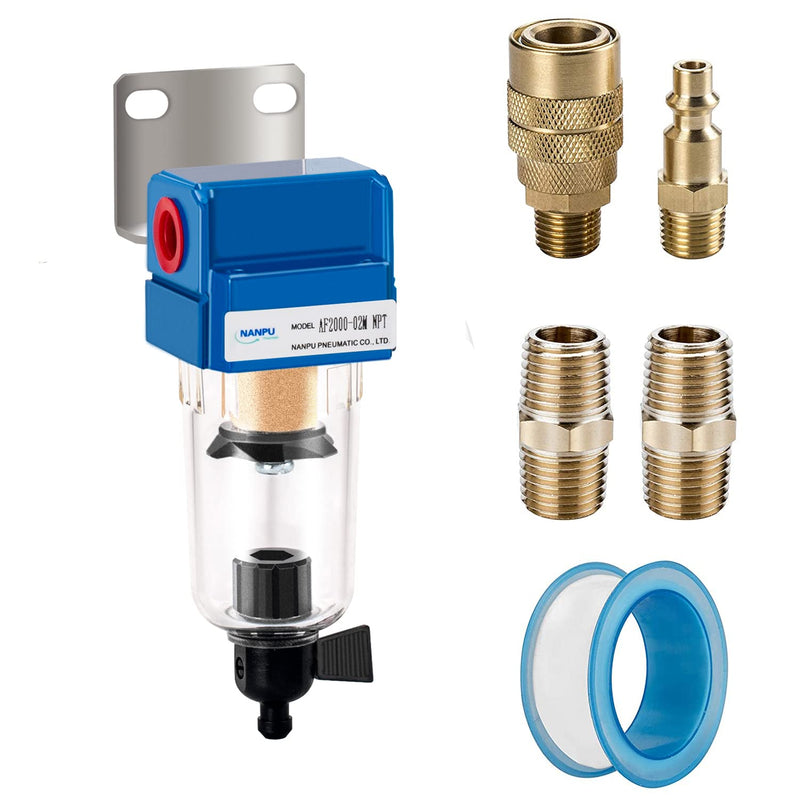 NANPU 1/4" NPT Compressed Air Line Filter, 5 Micron Brass Element, Manual Drain, Bracket, Poly Bowl, 145 PSI