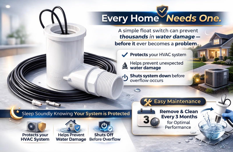 SS2 AC Float Switch AC Float Safety Switch HVAC 3/4 Inch Condensate Shut Off Sensor Can Prevent Overflow in Drain Pan or Gravity Drain Used in Various Applications. ECWB 1