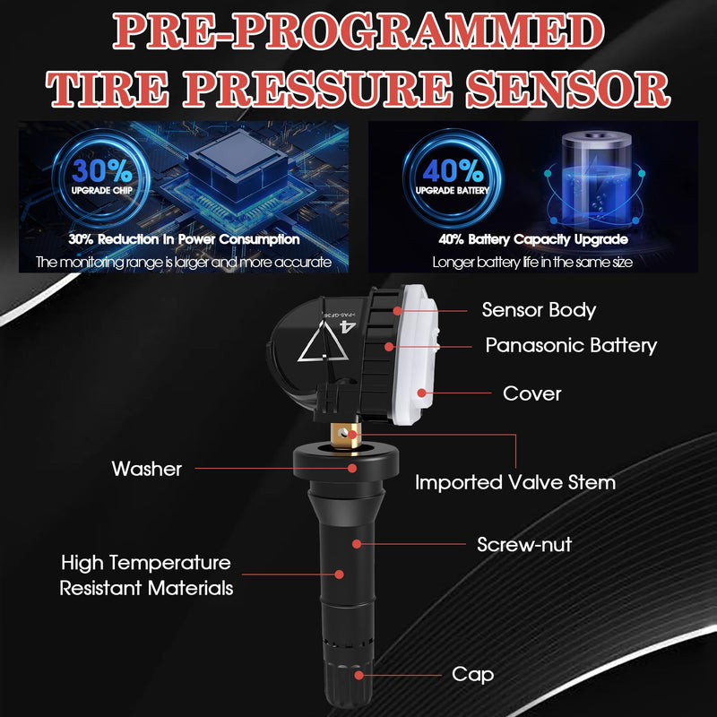 TPMS Sensor Compatible with Chevy/Buick/Cadillac/GMC Acadia Sierra 2016-2019, 433MHz Pre-Programmed Tire Pressure Sensors, Replace 13598773 3516165 13506028 13594222 4 Pack