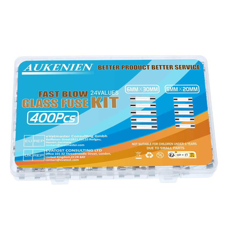 AUKENIEN 24 Values 400 Piece Glass Fuse Set 5 x 20 mm 0.25A 0.5A 1A 1.6A 2A 2.5A 3.15A 4A 5A 6.3A 8A 10A 12A 15A 20A 250V 6.3x32 6x30 mm 0.5A 1A 22 A 3A 5A 5A 10A 15A 20A Glass Fuses Assortment