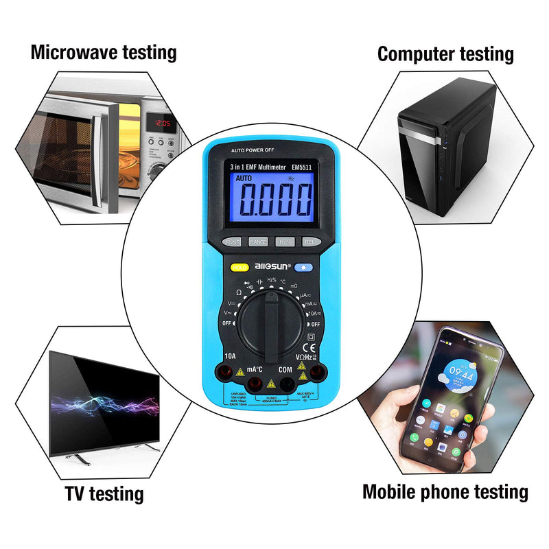 ALLOSUN EM5511 3 in 1 EMF Digital Multimeter Antorange Electromagnetic Field Radiation Tester DC AC Volt Ampt DMM