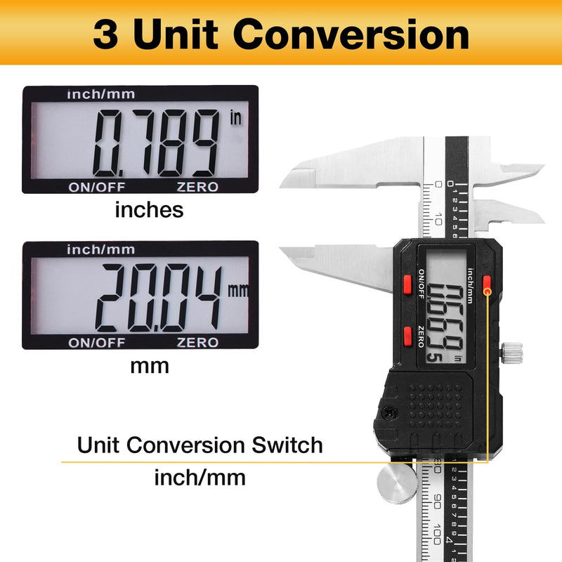 Digital Caliper 6 inch, Stainless Steel Vernier Micrometer Measuring Tool with Large LCD Display, Easy Inch/Metric Conversion, Precision Gauge for Machinists, Woodworking & DIY
